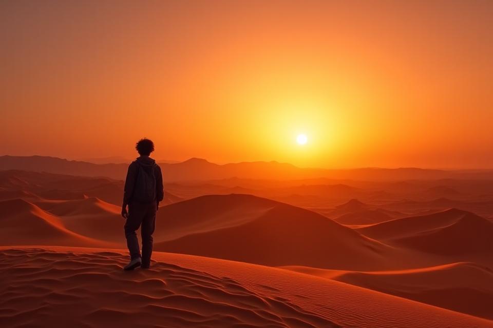 Golden Sands Co team member looking at a breathtaking desert sunset over dunes